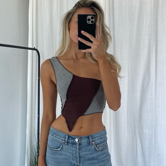 Revolve superdown crop top Y2K style xs brown grey one shoulder - Picture 4 of 5